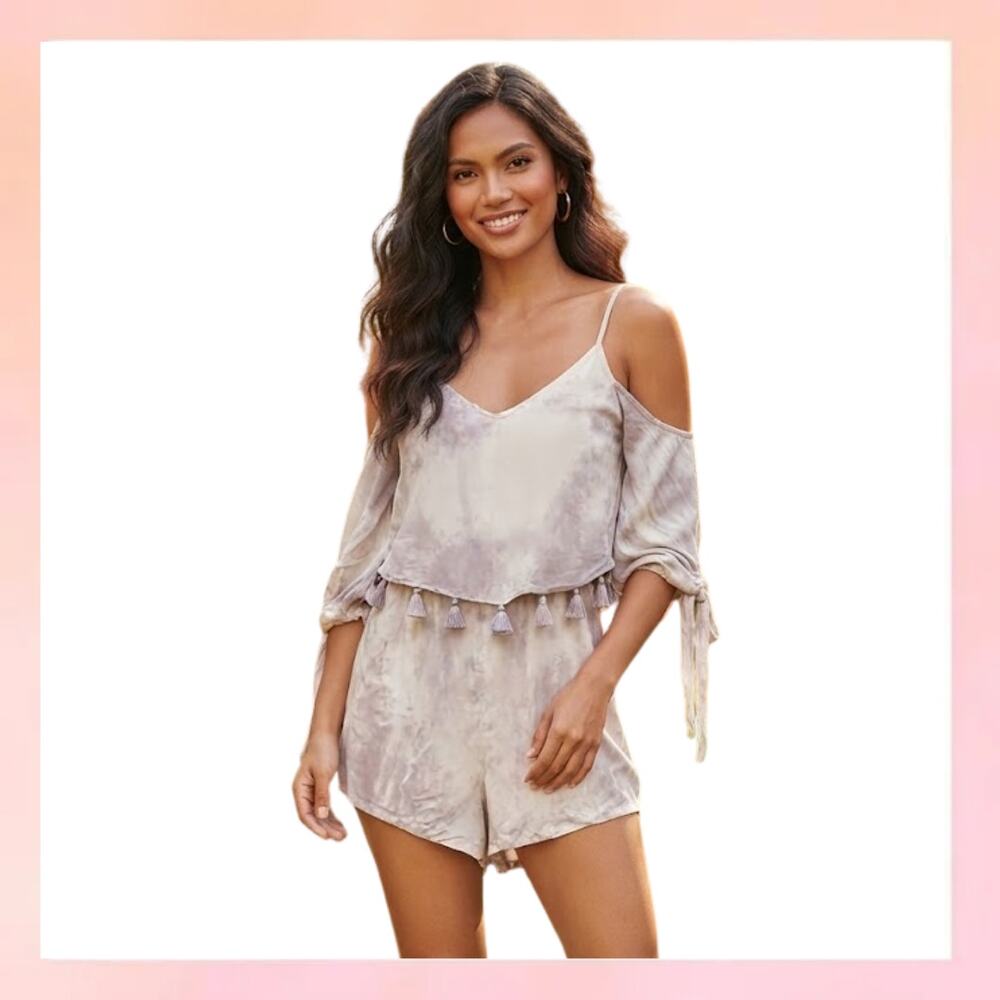 American Eagle Outfitters Purple Tie Dye Cold Shoulder Tassel Romper XXS